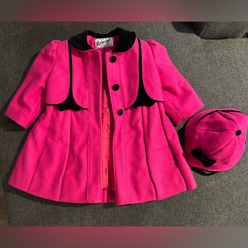 Girls Rothschild Vintage Fuchsia Coat with Black Accents and Hat, Size 2
